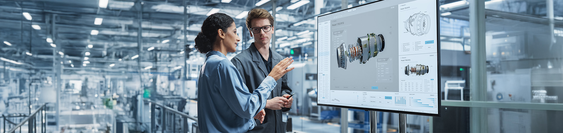 Zwei Fachkräfte stehen in einer modernen Industriehalle vor einem großen Monitor und besprechen eine digitale 3D-Darstellung eines technischen Bauteils.